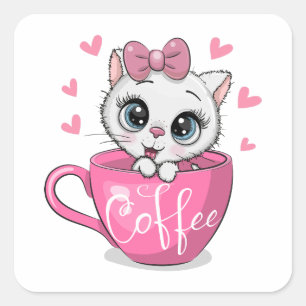 Sticker Carré Cute chaton de dessin animé est assis dans une tas