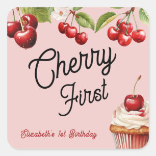 Sticker Carré Cute Cherry First 1st Girl Anniversaire rose
