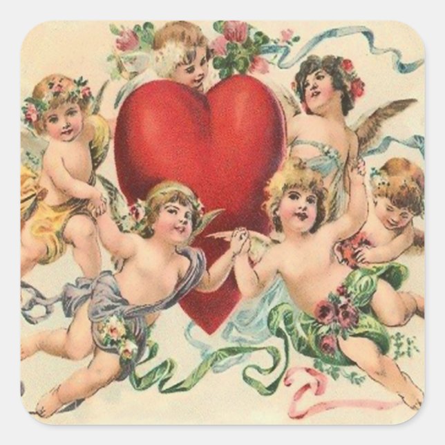 Sticker Carré Cute Cherubs avec le coeur rouge Valentine (Devant)