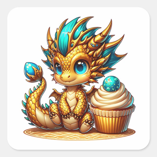 Sticker Carré Cute Chibi Gold et Blue Dragon avec Cupcake (Devant)