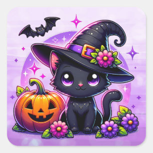 Sticker Carré Cute Chibi Halloween Chat noir et Citrouille