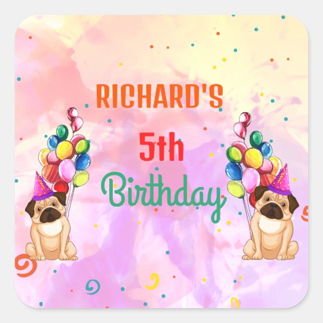 Sticker Carré Cute Chien Chiot Puppy Theme Fête d'Anniversaire d (Devant)