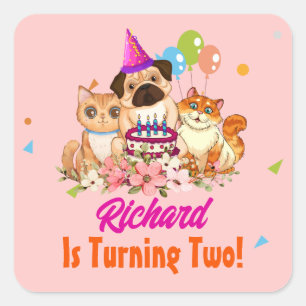 Sticker Carré Cute Chien Chiot Puppy Theme Fête d'Anniversaire d