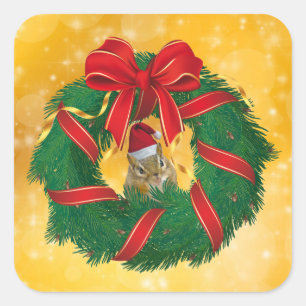 Sticker Carré Cute Chipmunk couronne de Noël