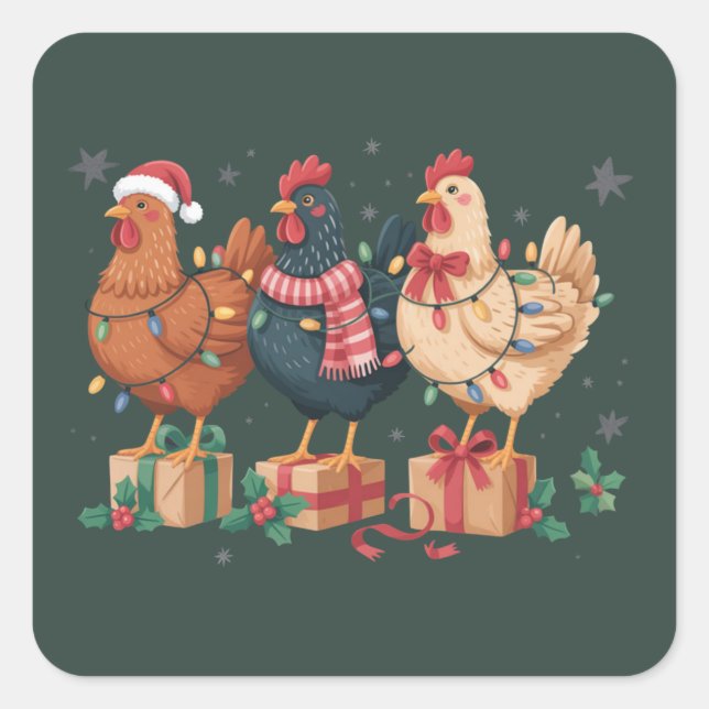 Sticker Carré Cute Christmas Chickens Funny Holiday Farm (Devant)