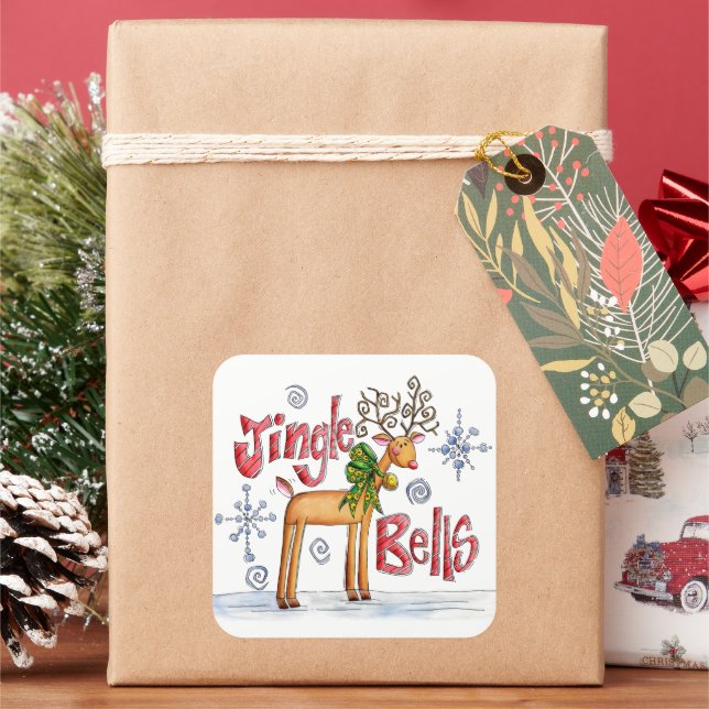 Sticker Carré Cute Christmas Reindeer, Jingle Bells Snowflakes (vacances)