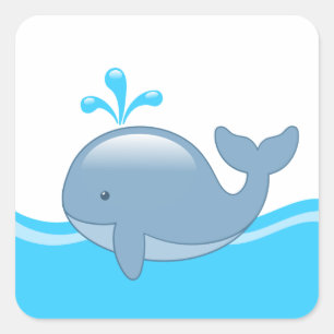 Sticker Carré Cute Chubby Cartoon Whale en Océan