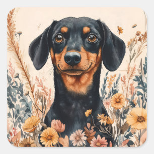 Sticker Carré Cute Dachshund avec peinture Fleur sauvage