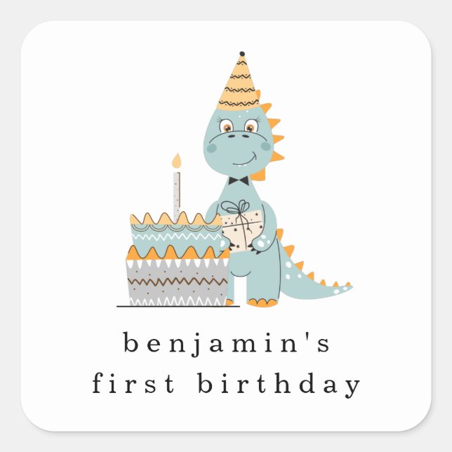 Sticker Carré Cute Dinosaur Nom du gâteau 1ère fête d'anniversai (Devant)