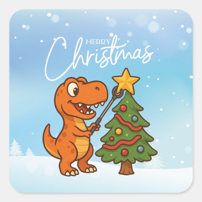 Sticker Carré Cute dinosaur with Christmas tree (Devant)