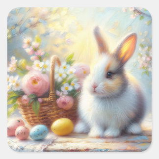 Sticker Carré Cute Easter Bunny with Eggs - Pastel Spring Rabbit