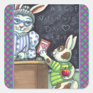 STICKER CARRÉ CUTE ENSEIGNANT'S PET, APPLE & VALENTINE BUNNY RAB