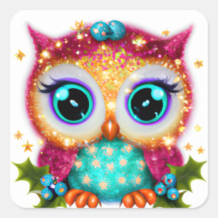 Sticker Carré Cute et adorable Kawaii Baby Owl