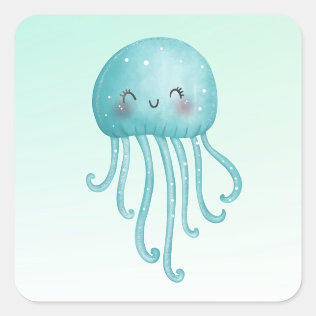 Sticker Carré Cute et amusante méduse bleu-vert (Devant)