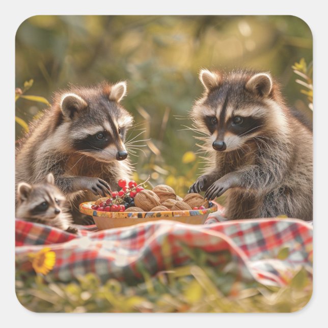 Sticker Carré Cute famille raccoon avec pique-nique (Devant)