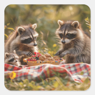 Sticker Carré Cute famille raccoon avec pique-nique