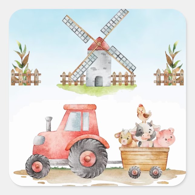 Sticker Carré Cute Farm Animaux 1er anniversaire (Devant)