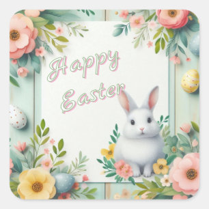 Sticker Carré Cute, floral heureux lapin de Pâques