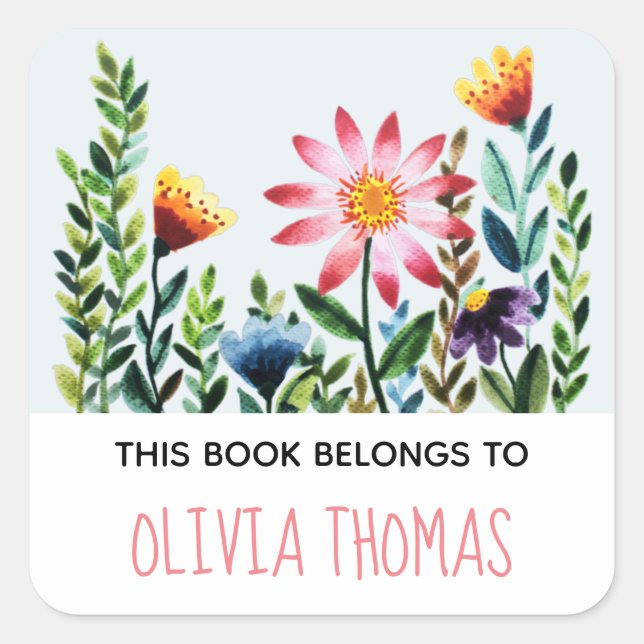 Sticker Carré Cute Flowers 'Ce Livre Appartient' Plaque Enfants (Devant)