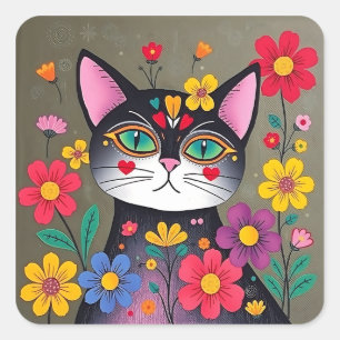 Sticker Carré Cute Folk Art Chat noir et fleurs