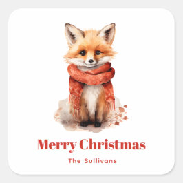 Sticker Carré Cute Fox Pup in a Red Scarf Christmas