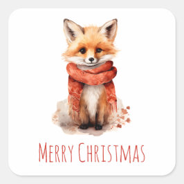 Sticker Carré Cute Fox Pup in a Red Scarf Christmas