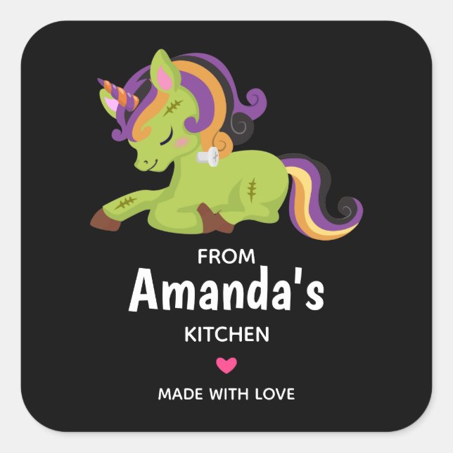 Sticker Carré Cute Frankenstein Unicorn Halloween Kitchen (Devant)