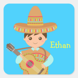Sticker Carré Cute garçon Mexicaine Sombrero Casquette Guitare F