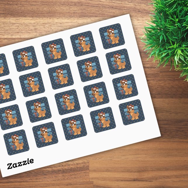 Sticker Carré Cute German Shepherd puppy Cartoon Starry night (Créateur téléchargé)