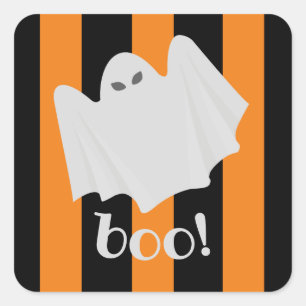 Sticker Carré Cute Ghost Halloween Orange et Black Stripes