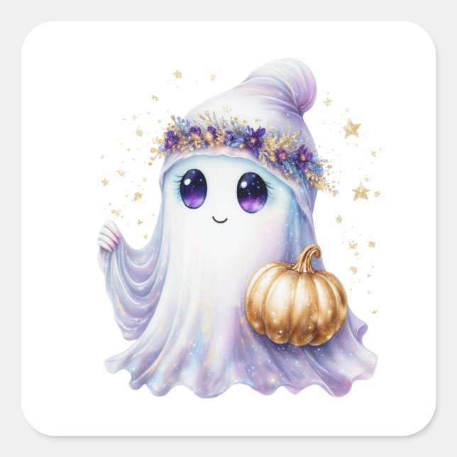 Sticker Carré Cute Ghost Neon Halloween Bougie Éffrayante saison (Devant)