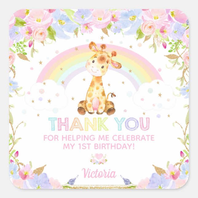 Sticker Carré Cute Giraffe Anniversaire Baby shower Merci Faveur (Devant)
