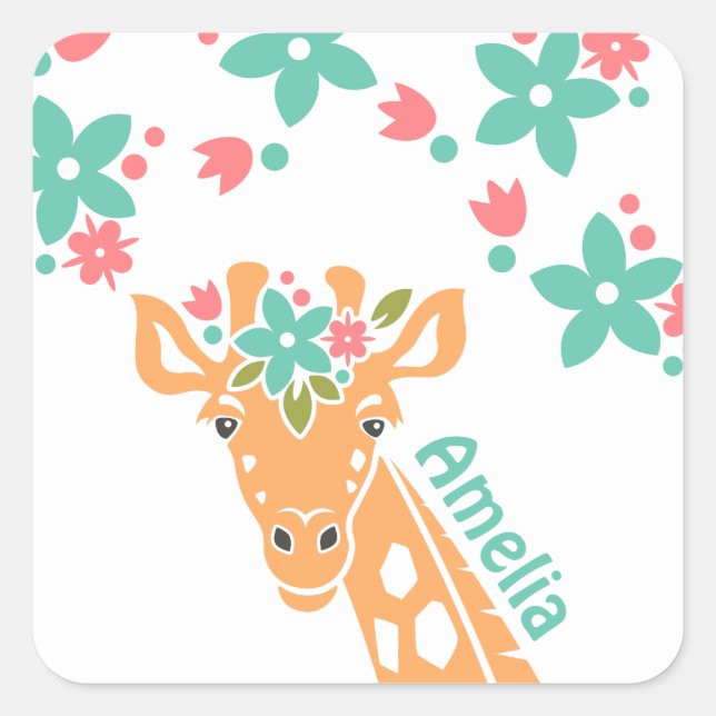 Sticker Carré Cute Giraffe avec Flower Crown Personalised (Devant)
