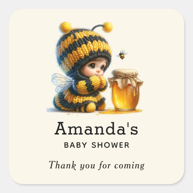 Sticker Carré Cute Girl in Bee Costume Baby shower Merci (Devant)