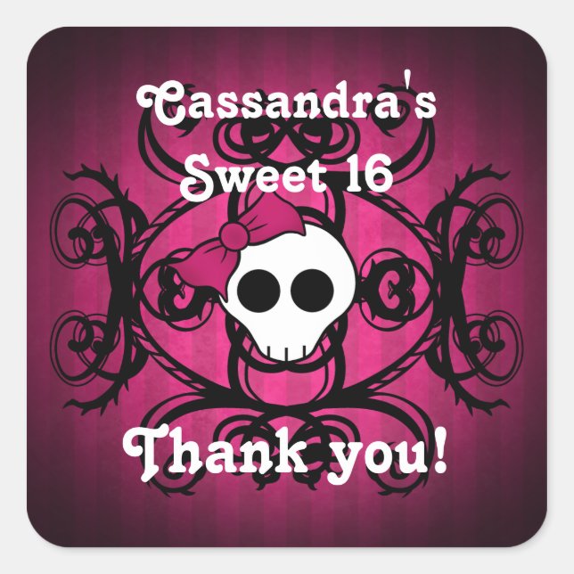 Sticker Carré Cute gothique crâne fuschia et noir doux 16 (Devant)