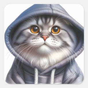 Sticker Carré Cute Gray et blanc Tabby Chat Portant un Sweat - s