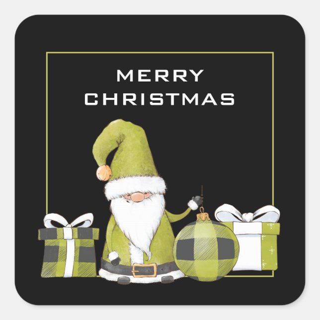 Sticker Carré Cute Green Père Noël Gnome avec cadeaux (Devant)