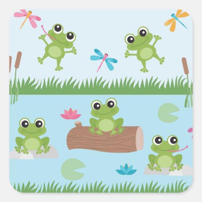 Sticker Carré Cute grenouilles en étang (Devant)