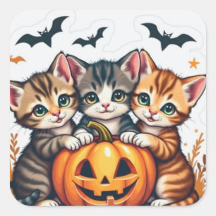 Sticker Carré Cute Halloween Chats et Citrouille fal Vinyl Stick