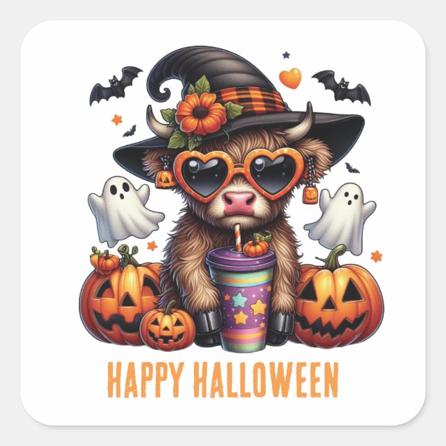 Sticker Carré Cute Halloween Highland Cow Café Personnalisé (Devant)