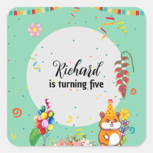 Sticker Carré Cute Hamster Fête d'Anniversaire des enfants à thè