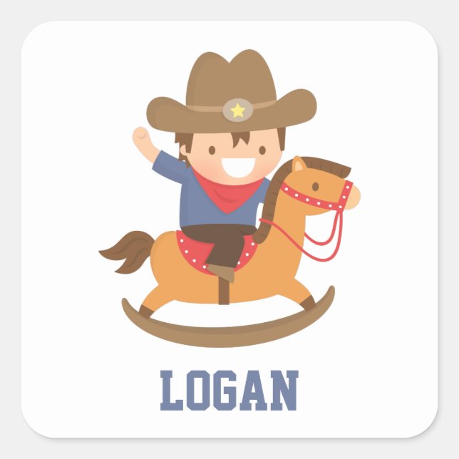 Sticker Carré Cute Happy Cowboy sur Rocking Horse Personnalisé (Devant)