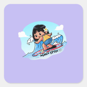 Sticker Carré Cute Hawaiian Surfer Girl