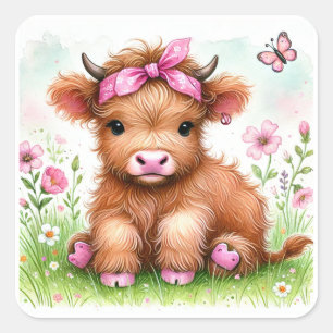 Sticker Carré Cute Highland Vache papillon Fille Anniversaire