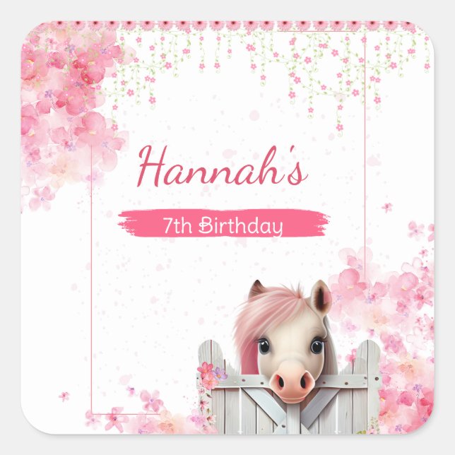 Sticker Carré Cute Horse Anniversaire Rose Floral Personnalisé (Devant)