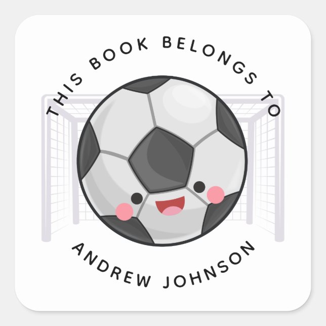 Sticker Carré Cute Kawaii Soccer Ball Goal Enfants Nom Plaque (Devant)
