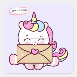 Sticker Carré Cute Kawaii Unicorn Love Illustration