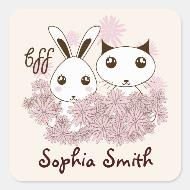 Sticker Carré Cute Kitten Bunny Animal Meilleures Frinees Nom de (Devant)