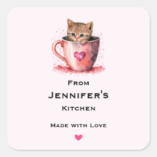 Sticker Carré Cute Kitten dans un Teacup avec Coeur cuisine