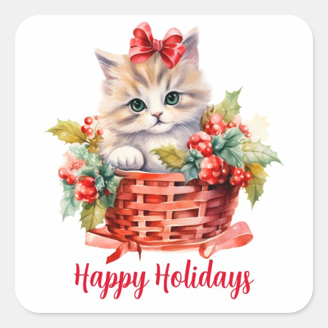 Sticker Carré Cute Kitten de Noël dans une corbeille (Devant)